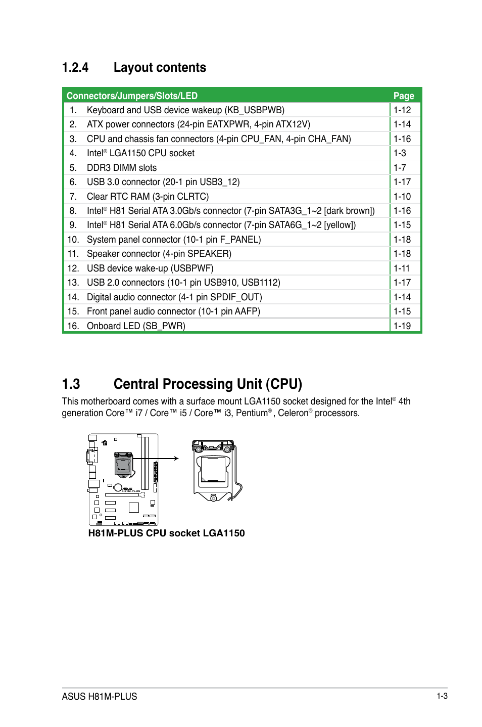 3 central processing unit (cpu), Central processing unit (cpu) -3, 4 layout contents | Asus H81M-PLUS User Manual | Page 11 / 74