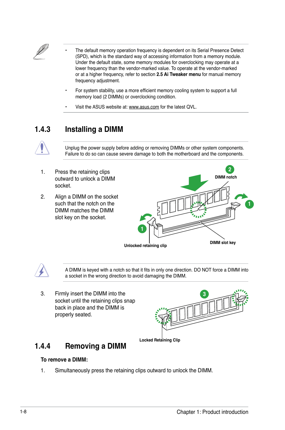 3 installing a dimm, 4 removing a dimm | Asus H81M-PLUS User Manual | Page 16 / 74