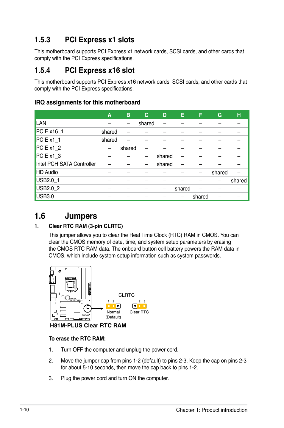 6 jumpers, Jumpers -10, 3 pci express x1 slots | 4 pci express x16 slot | Asus H81M-PLUS User Manual | Page 18 / 74