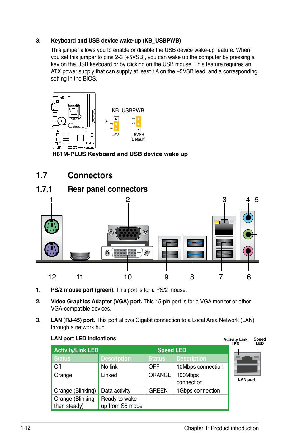 7 connectors, Connectors -12, 1 rear panel connectors | Asus H81M-PLUS User Manual | Page 20 / 74