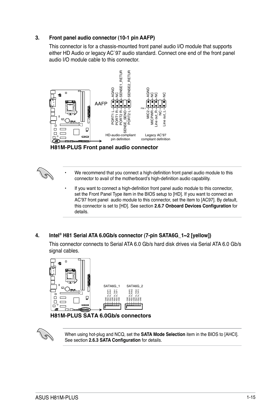 Asus h81m-plus, H81m-plus front panel audio connector, Intel | H81m-plus sata 6.0gb/s connectors | Asus H81M-PLUS User Manual | Page 23 / 74