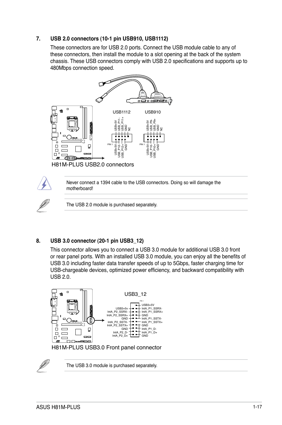 Asus h81m-plus, H81m-plus usb2.0 connectors, H81m-plus usb3.0 front panel connector | Usb3_12, The usb 3.0 module is purchased separately | Asus H81M-PLUS User Manual | Page 25 / 74