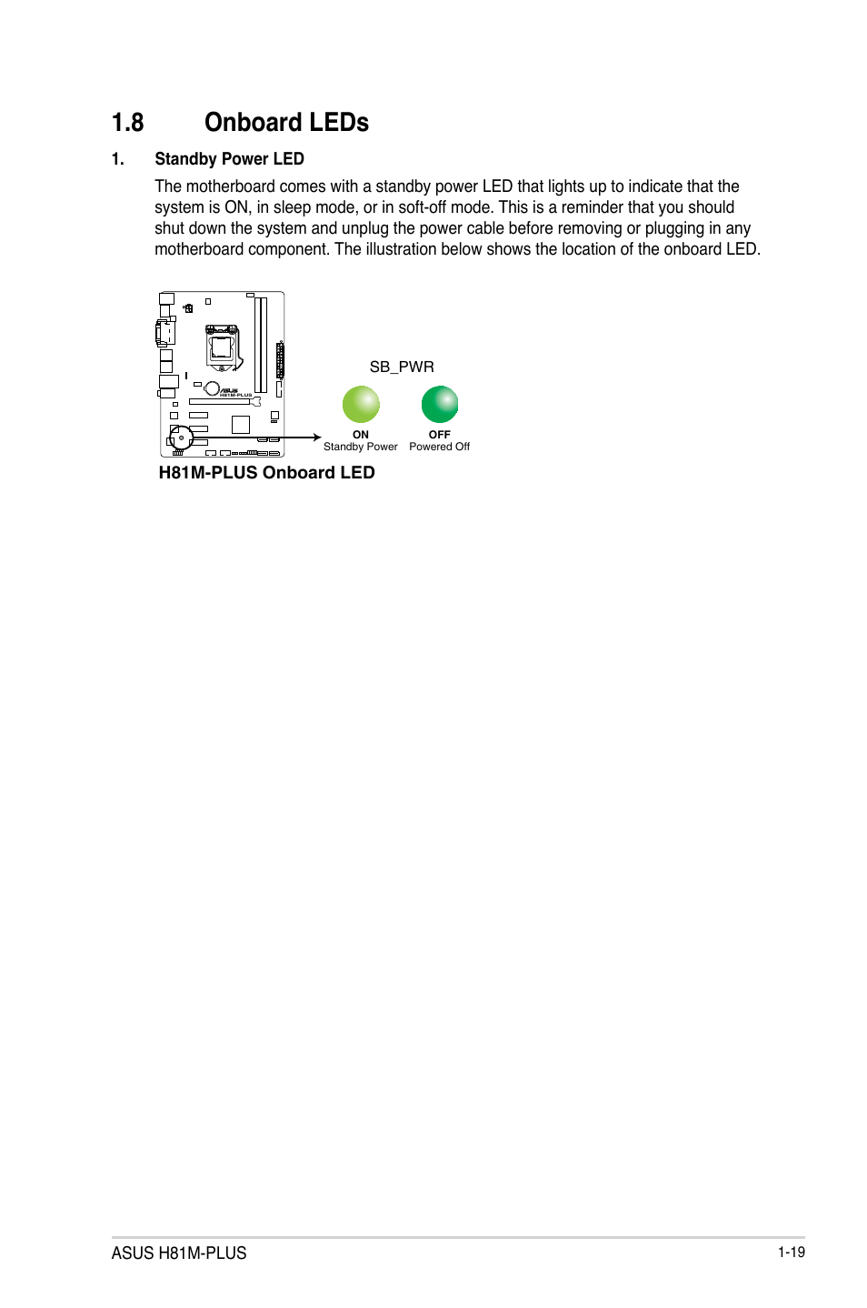 8 onboard leds, Onboard leds -19 | Asus H81M-PLUS User Manual | Page 27 / 74