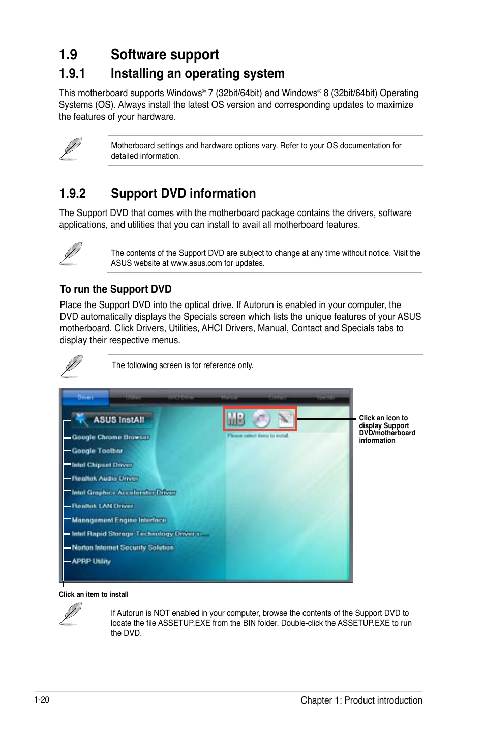 9 software support, Software support -20, 1 installing an operating system | 2 support dvd information | Asus H81M-PLUS User Manual | Page 28 / 74