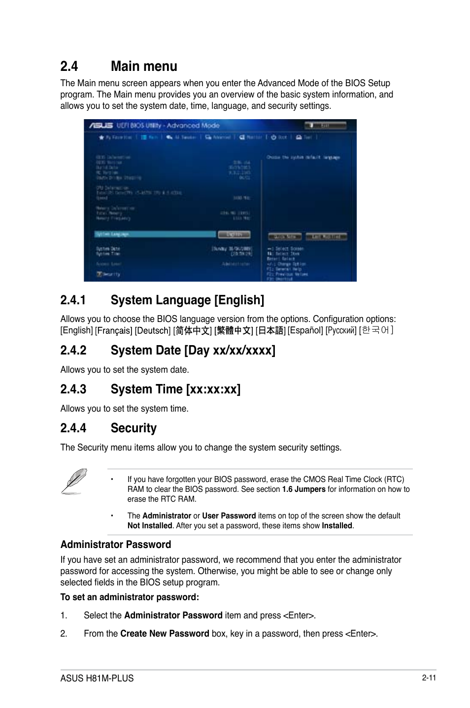 4 main menu, Main menu -11, 1 system language [english | 3 system time [xx:xx:xx, 4 security | Asus H81M-PLUS User Manual | Page 39 / 74