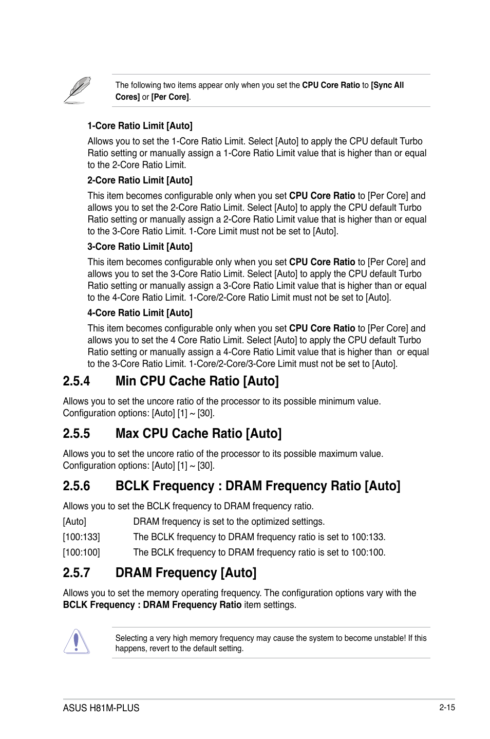 4 min cpu cache ratio [auto, 5 max cpu cache ratio [auto, 6 bclk frequency : dram frequency ratio [auto | 7 dram frequency [auto | Asus H81M-PLUS User Manual | Page 43 / 74