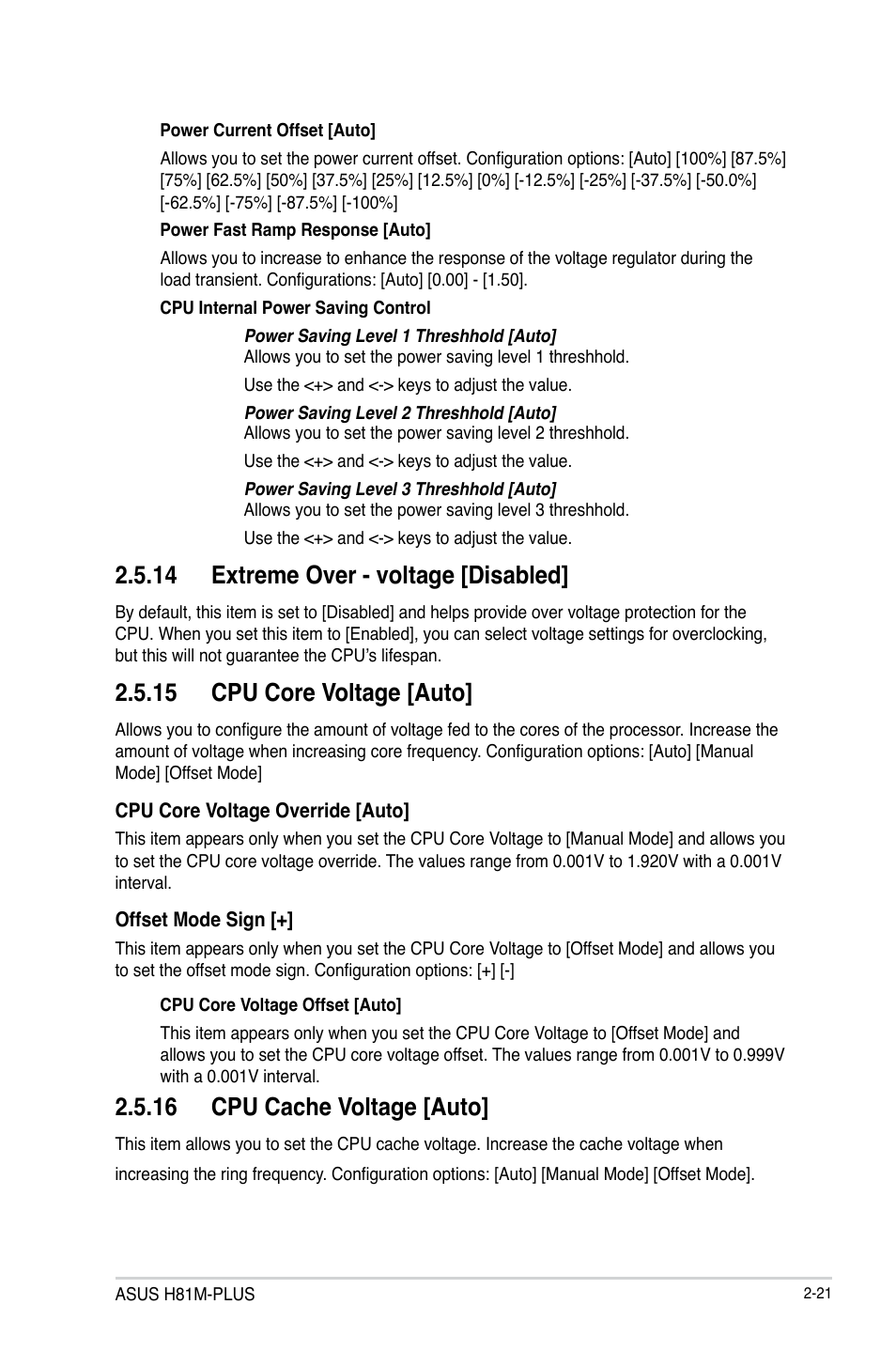 14 extreme over - voltage [disabled, 15 cpu core voltage [auto, 16 cpu cache voltage [auto | Asus H81M-PLUS User Manual | Page 49 / 74