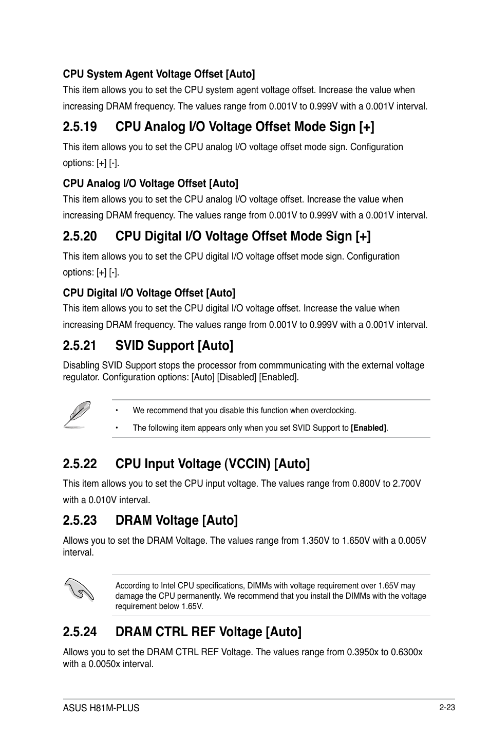 19 cpu analog i/o voltage offset mode sign, 20 cpu digital i/o voltage offset mode sign, 21 svid support [auto | 22 cpu input voltage (vccin) [auto, 23 dram voltage [auto, 24 dram ctrl ref voltage [auto | Asus H81M-PLUS User Manual | Page 51 / 74