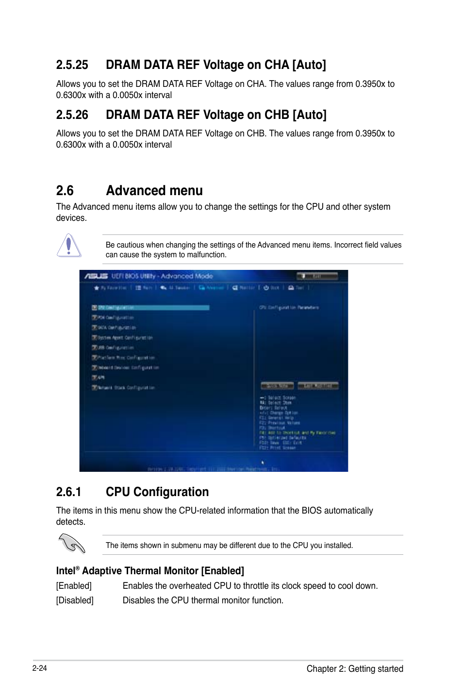 6 advanced menu, Advanced menu -24, 25 dram data ref voltage on cha [auto | 26 dram data ref voltage on chb [auto, 1 cpu configuration | Asus H81M-PLUS User Manual | Page 52 / 74