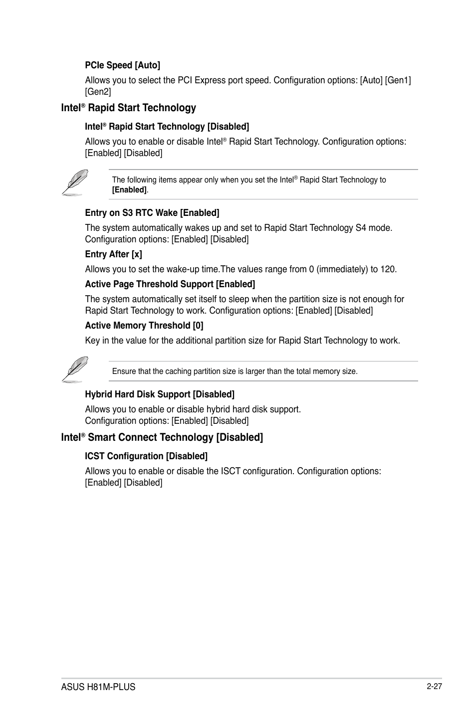 Intel, Rapid start technology, Smart connect technology [disabled | Asus H81M-PLUS User Manual | Page 55 / 74