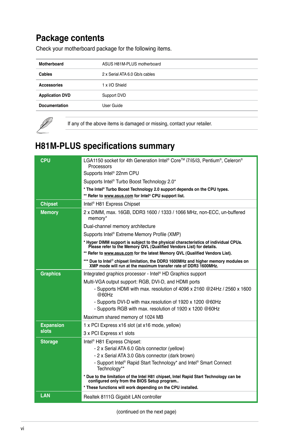 Package contents, H81m-plus specifications summary | Asus H81M-PLUS User Manual | Page 6 / 74