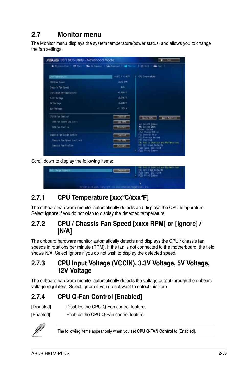 7 monitor menu, Monitor menu -33, 1 cpu temperature [xxxºc/xxxºf | 4 cpu q-fan control [enabled | Asus H81M-PLUS User Manual | Page 61 / 74