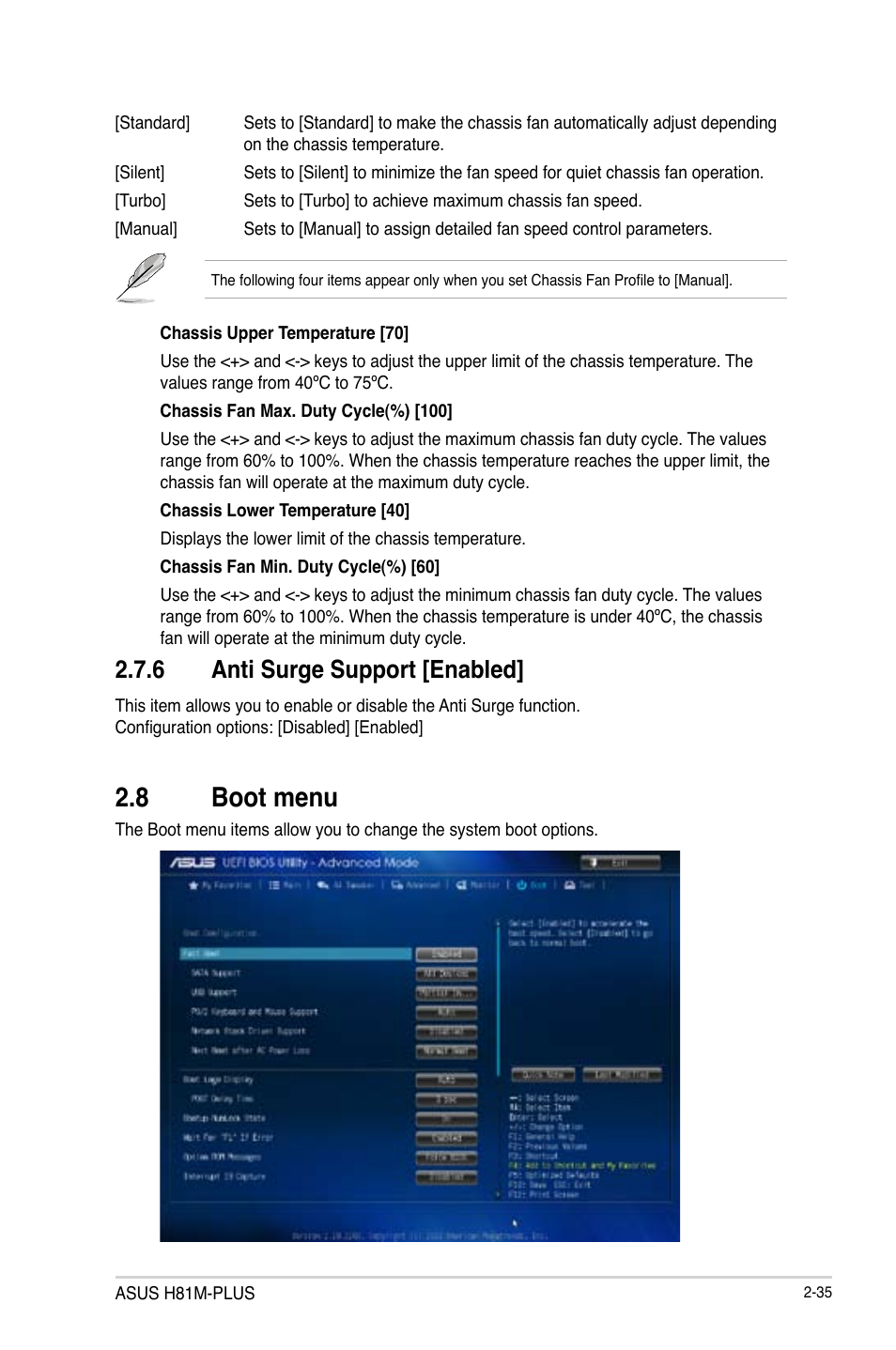 8 boot menu, Boot menu -35, 6 anti surge support [enabled | Asus H81M-PLUS User Manual | Page 63 / 74