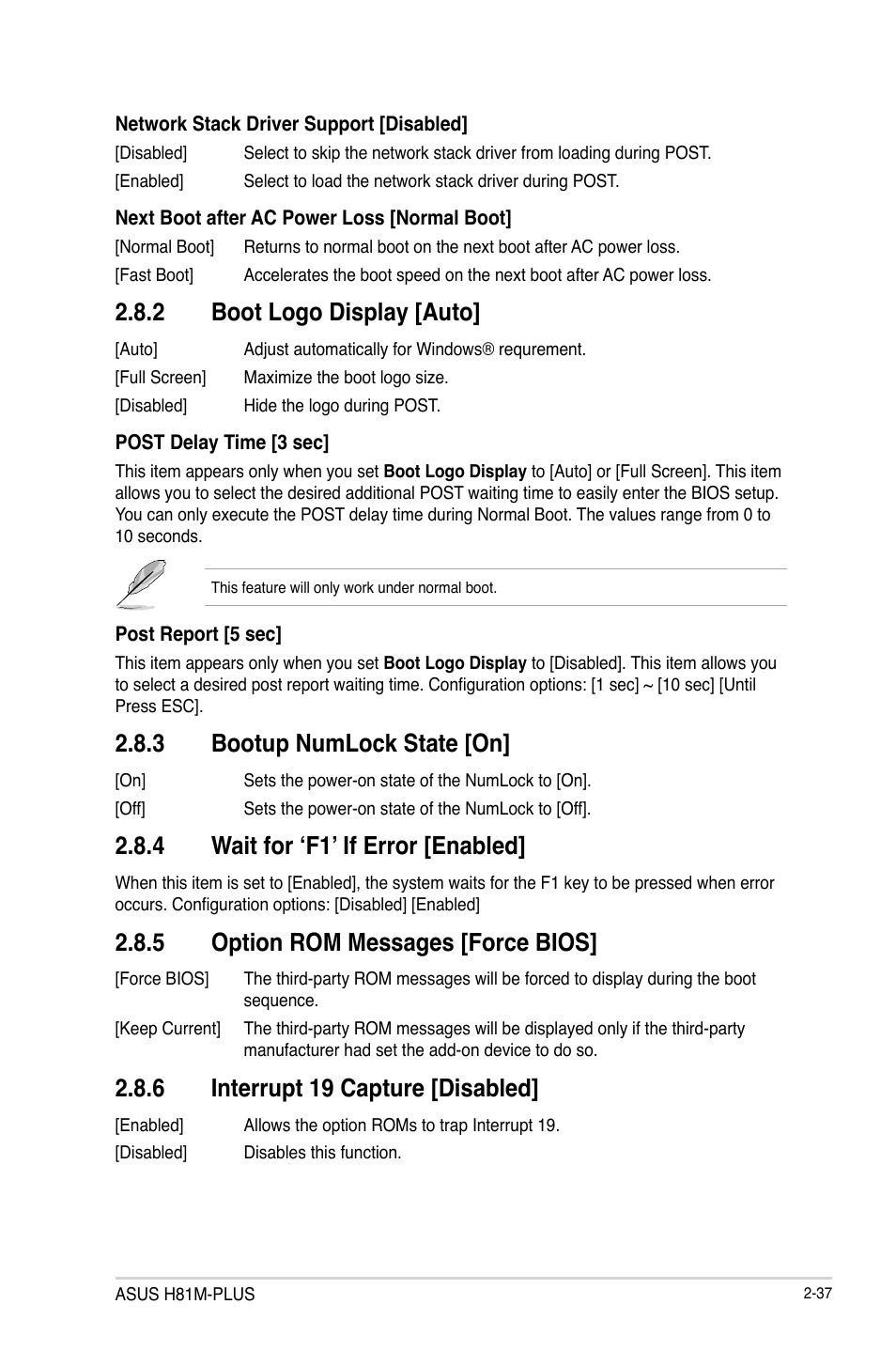 2 boot logo display [auto, 3 bootup numlock state [on, 4 wait for ‘f1’ if error [enabled | 5 option rom messages [force bios, 6 interrupt 19 capture [disabled | Asus H81M-PLUS User Manual | Page 65 / 74