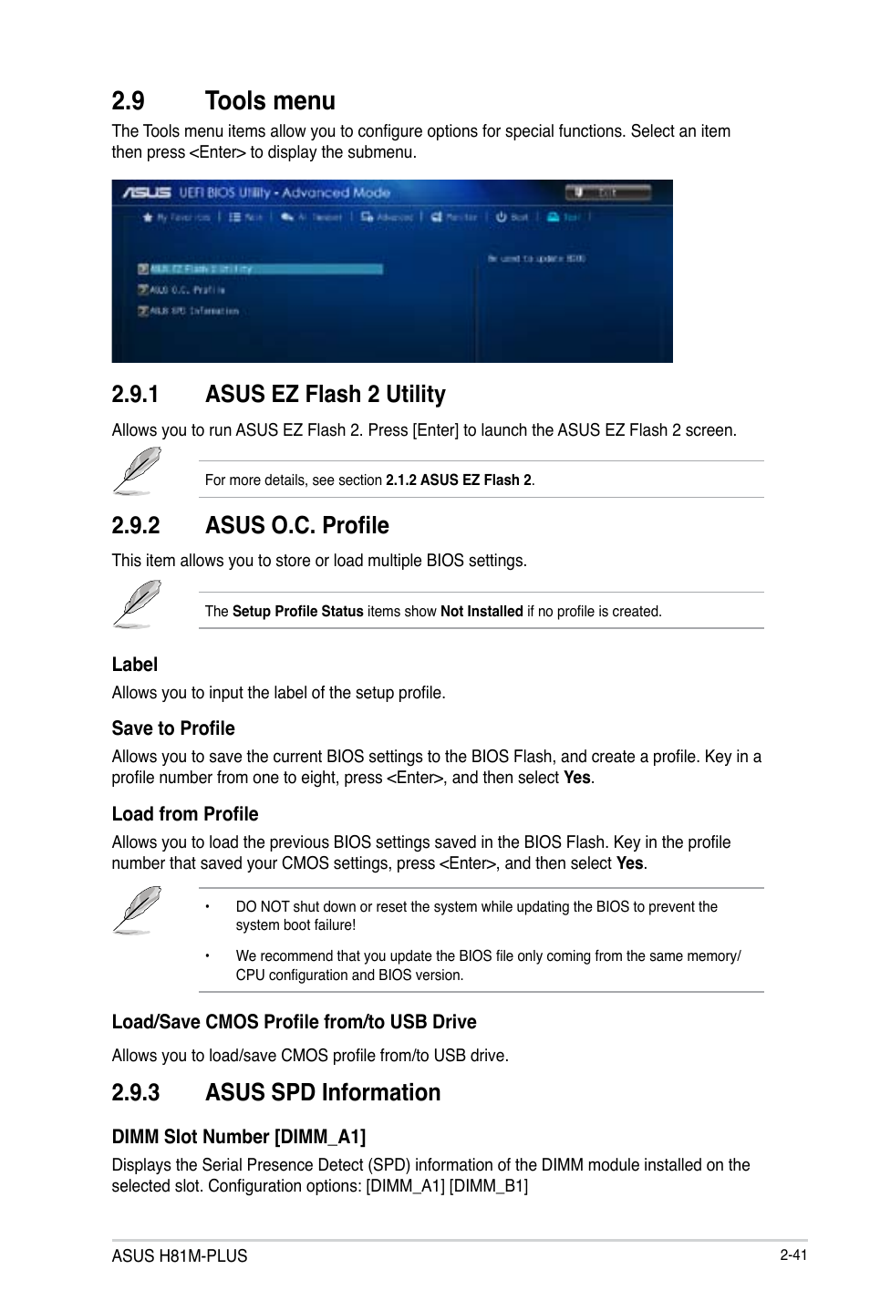 9 tools menu, Tools menu -41, 1 asus ez flash 2 utility | 2 asus o.c. profile, 3 asus spd information | Asus H81M-PLUS User Manual | Page 69 / 74