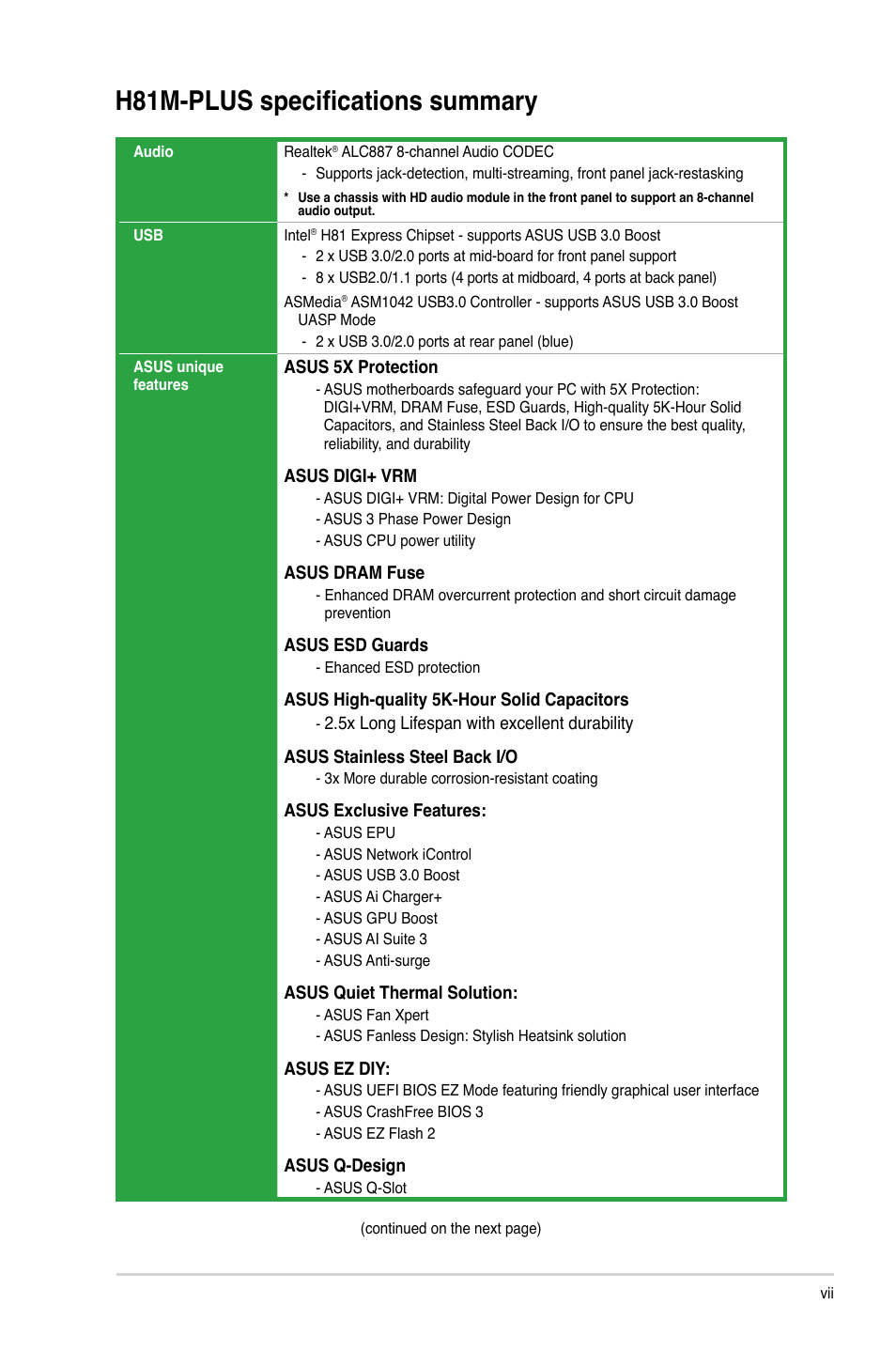 H81m-plus specifications summary | Asus H81M-PLUS User Manual | Page 7 / 74