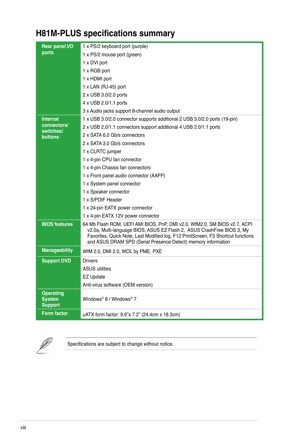 H81m-plus specifications summary | Asus H81M-PLUS User Manual | Page 8 / 74