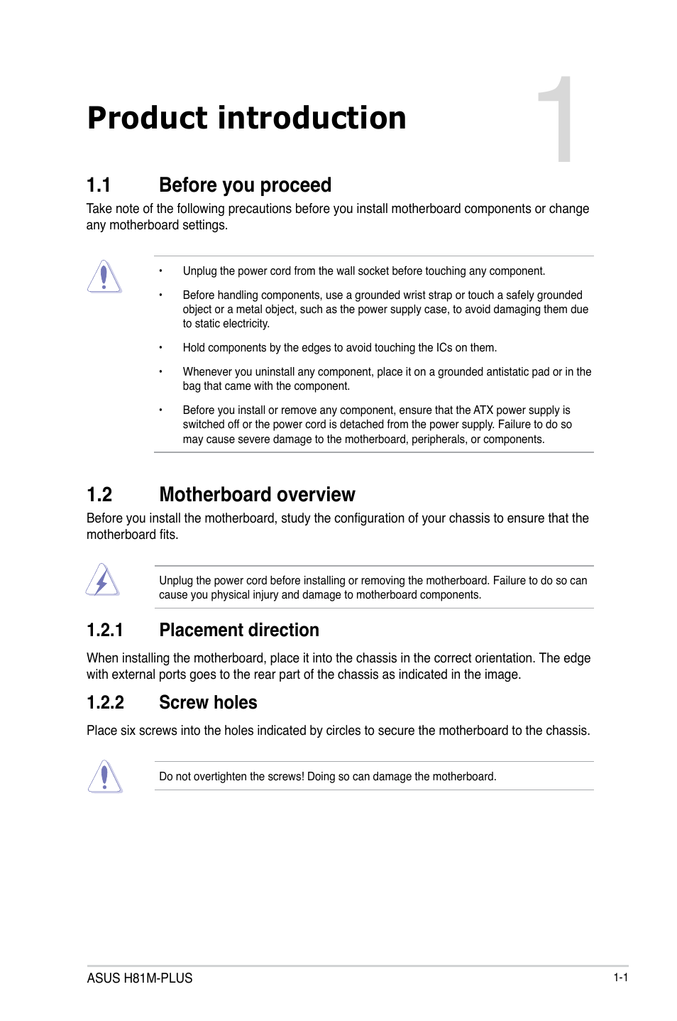 Product introduction, 1 before you proceed, 2 motherboard overview | Before you proceed -1, Motherboard overview -1 | Asus H81M-PLUS User Manual | Page 9 / 74