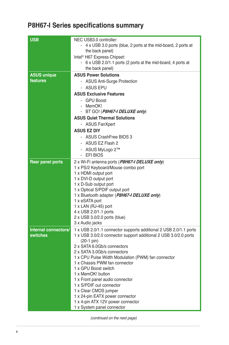 P8h67-i series specifications summary | Asus P8H67-I PRO User Manual | Page 10 / 59