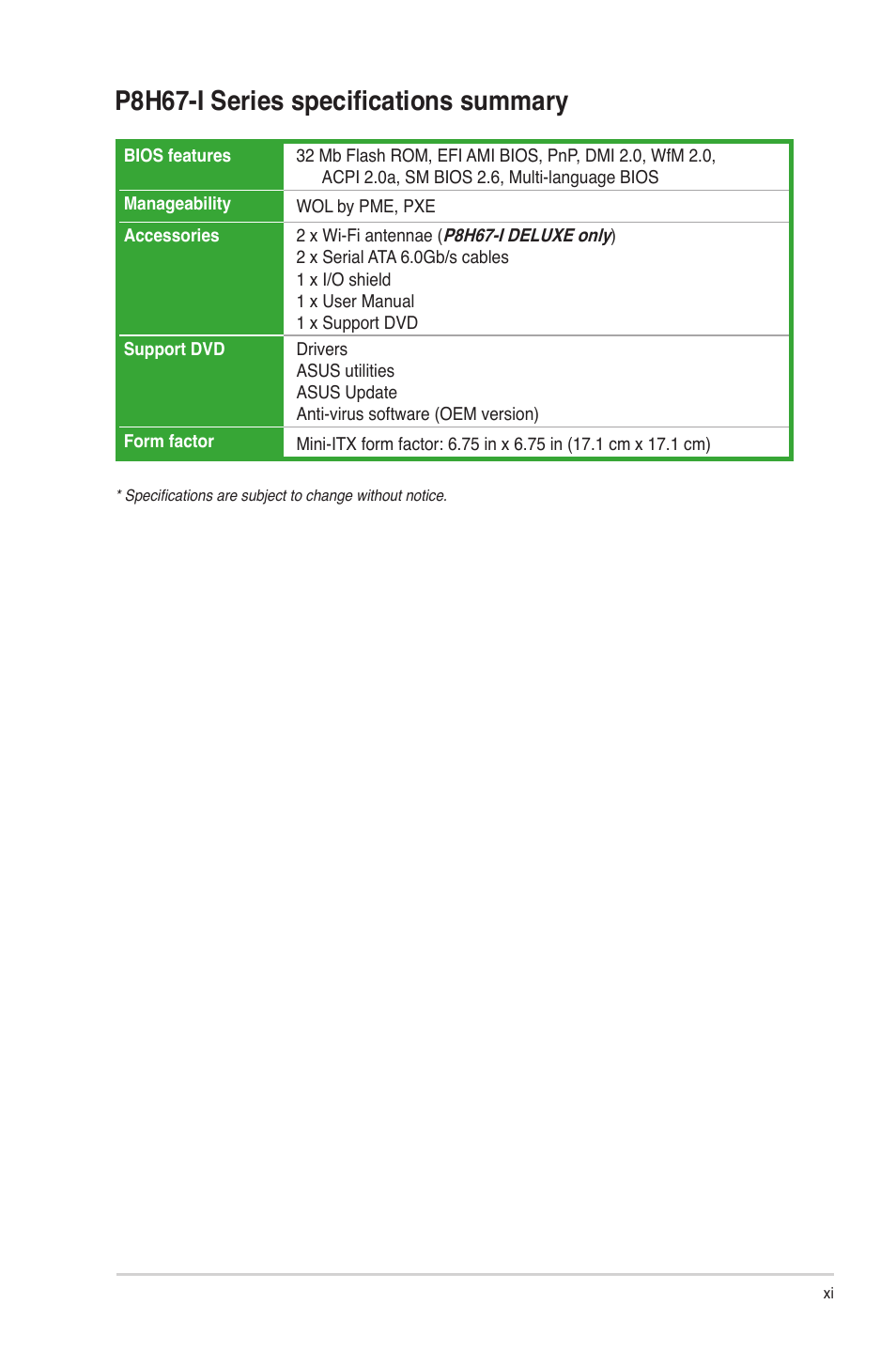 P8h67-i series specifications summary | Asus P8H67-I PRO User Manual | Page 11 / 59