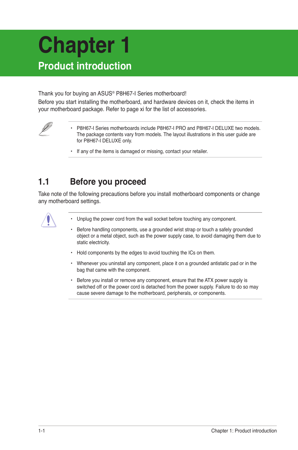 Chapter 1, Product introduction, 1 before you proceed | Before you proceed -1 | Asus P8H67-I PRO User Manual | Page 12 / 59