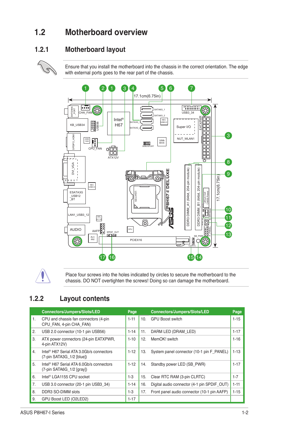 2 motherboard overview, 1 motherboard layout, 2 layout contents | Motherboard overview -2 1.2.1, Motherboard layout -2, Layout contents -2 | Asus P8H67-I PRO User Manual | Page 13 / 59