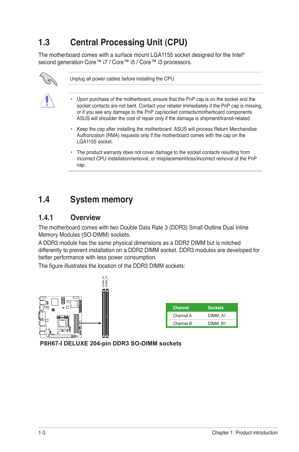 3 central processing unit (cpu), 4 system memory, 1 overview | Central processing unit (cpu) -3, System memory -3 1.4.1, Overview -3 | Asus P8H67-I PRO User Manual | Page 14 / 59