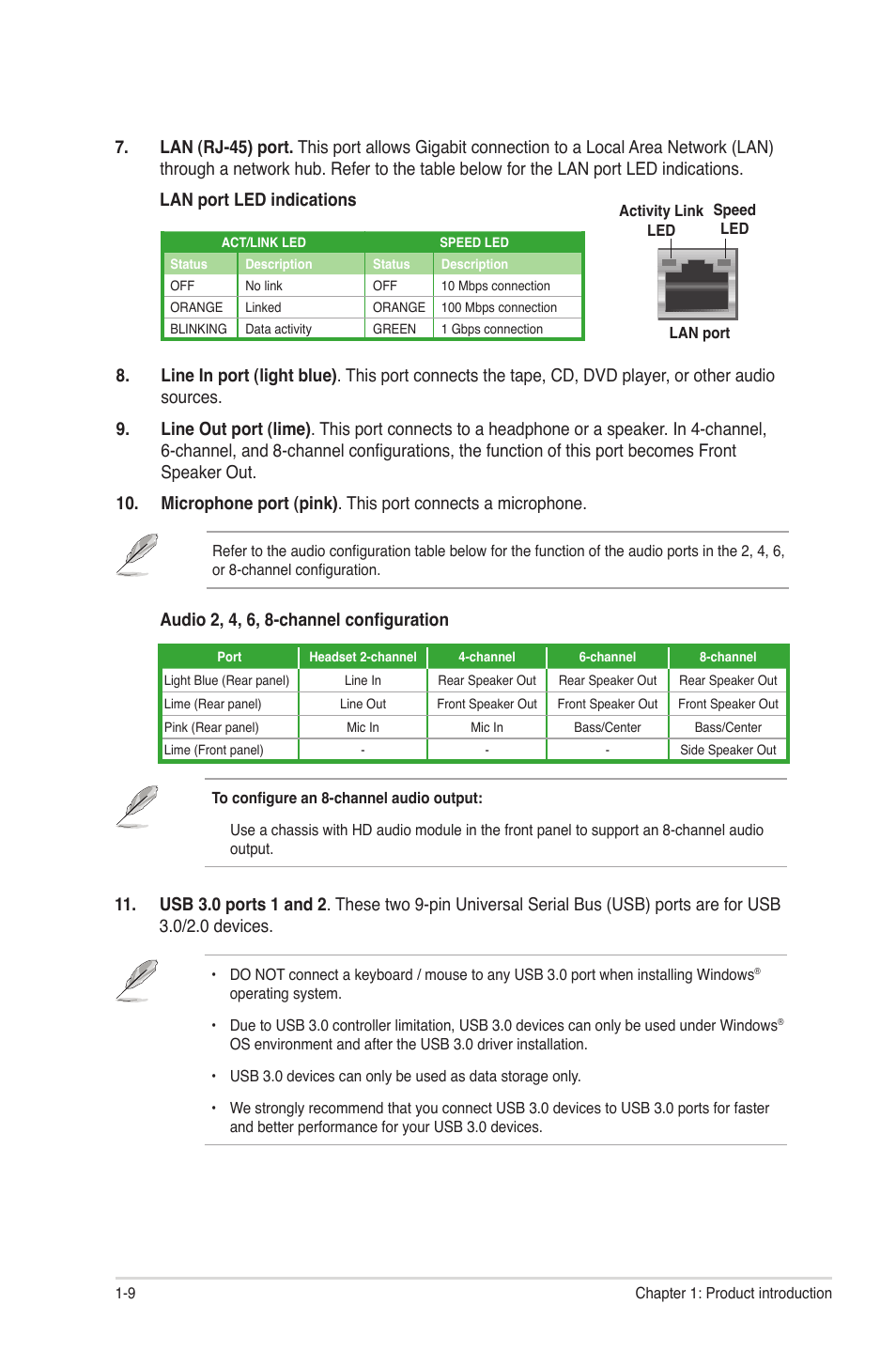 Audio 2, 4, 6, 8-channel configuration | Asus P8H67-I PRO User Manual | Page 20 / 59