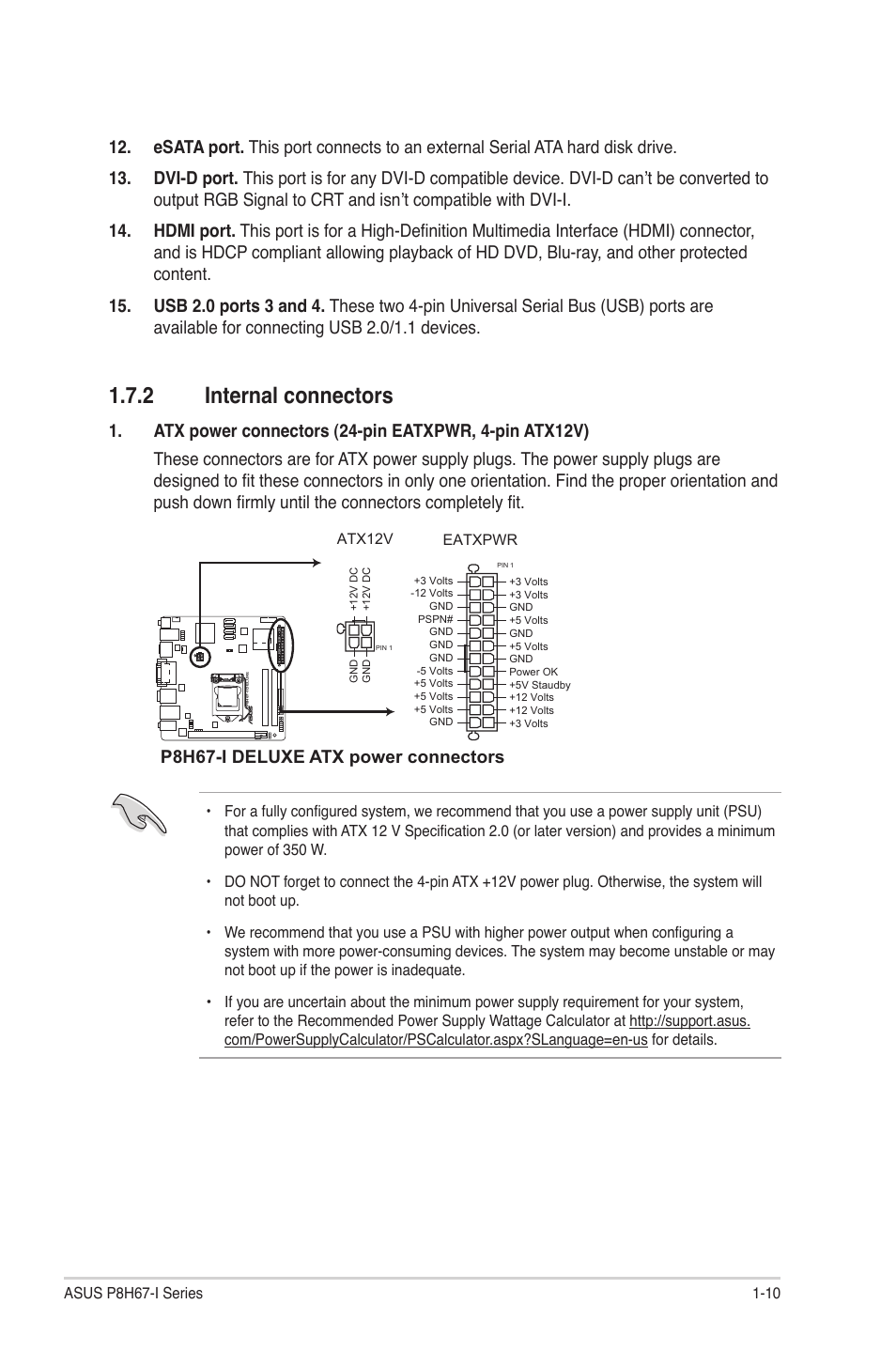 2 internal connectors, Internal connectors -10, P8h67-i deluxe atx power connectors | Asus P8H67-I PRO User Manual | Page 21 / 59