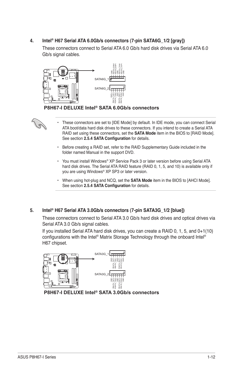 Intel, H67 chipset, P8h67-i deluxe intel | Sata 6.0gb/s connectors, Sata 3.0gb/s connectors | Asus P8H67-I PRO User Manual | Page 23 / 59