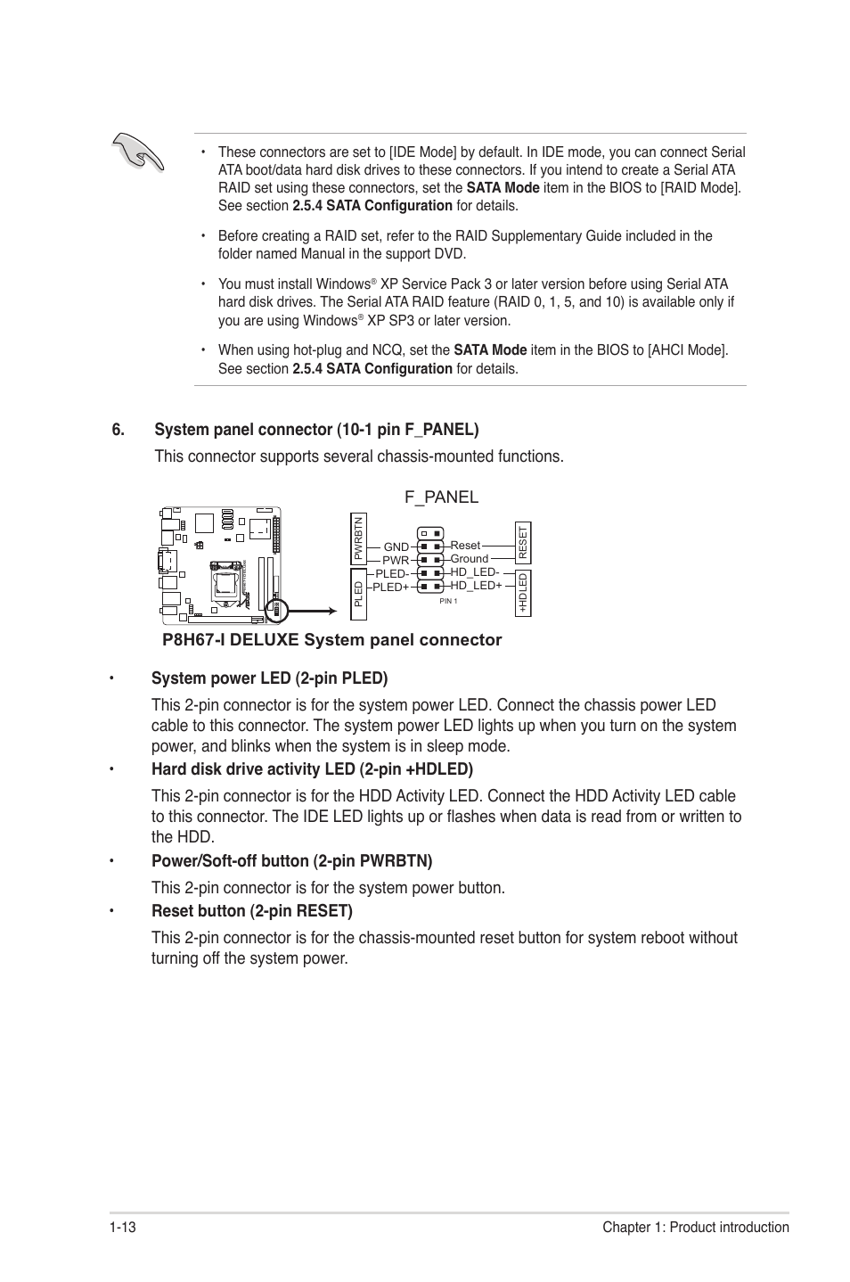 P8h67-i deluxe system panel connector, F_panel | Asus P8H67-I PRO User Manual | Page 24 / 59