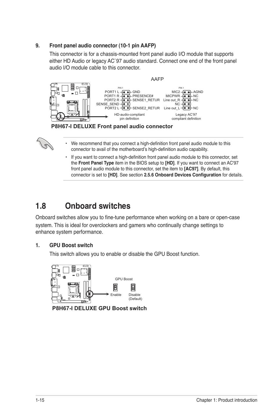 8 onboard switches, Onboard switches -15, P8h67-i deluxe front panel audio connector | P8h67-i deluxe gpu boost switch | Asus P8H67-I PRO User Manual | Page 26 / 59