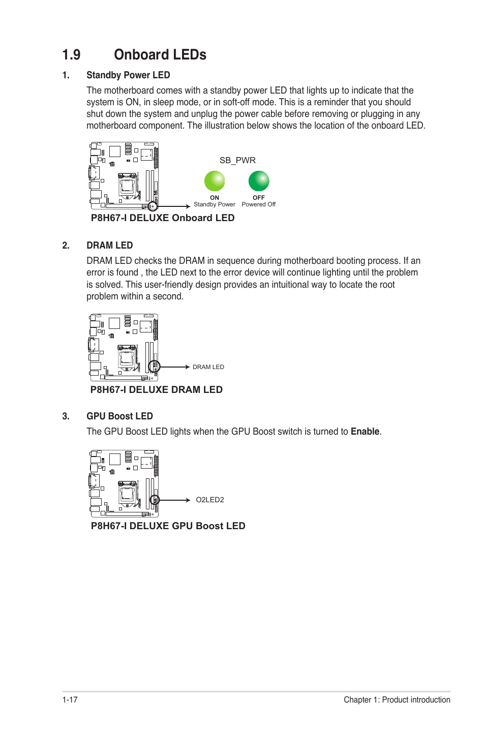 9 onboard leds, Onboard leds -17, P8h67-i deluxe onboard led | P8h67-i deluxe dram led, P8h67-i deluxe gpu boost led | Asus P8H67-I PRO User Manual | Page 28 / 59