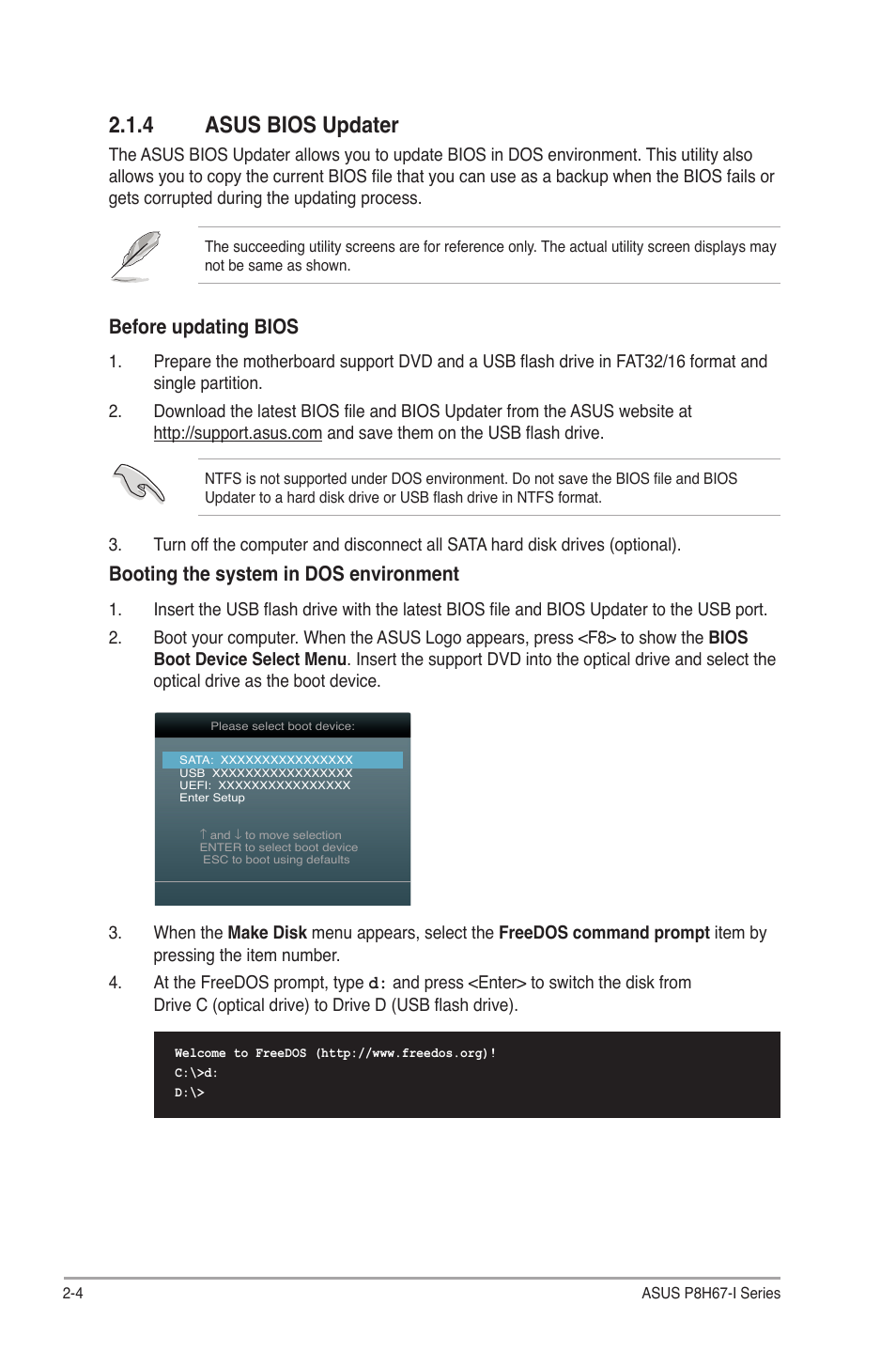 4 asus bios updater, Asus bios updater -4, Before updating bios | Booting the system in dos environment | Asus P8H67-I PRO User Manual | Page 34 / 59