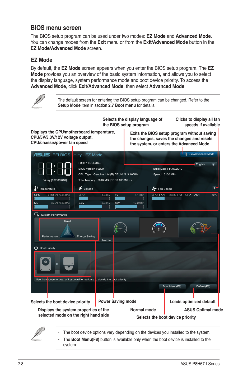 Bios menu screen, Ez mode, 8 asus p8h67-i series | Asus P8H67-I PRO User Manual | Page 38 / 59