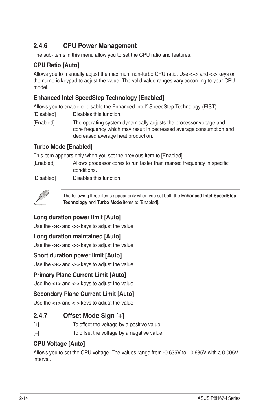 6 cpu power management, 7 offset mode sign, Cpu power management -14 | Offset mode sign [+] -14 | Asus P8H67-I PRO User Manual | Page 44 / 59