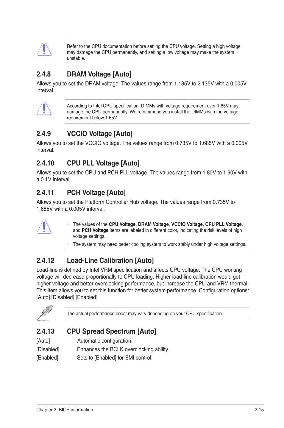 8 dram voltage [auto, 9 vccio voltage [auto, 10 cpu pll voltage [auto | 11 pch voltage [auto, 12 load-line calibration [auto, 13 cpu spread spectrum [auto, Dram voltage [auto] -15, Vccio voltage [auto] -15 | Asus P8H67-I PRO User Manual | Page 45 / 59