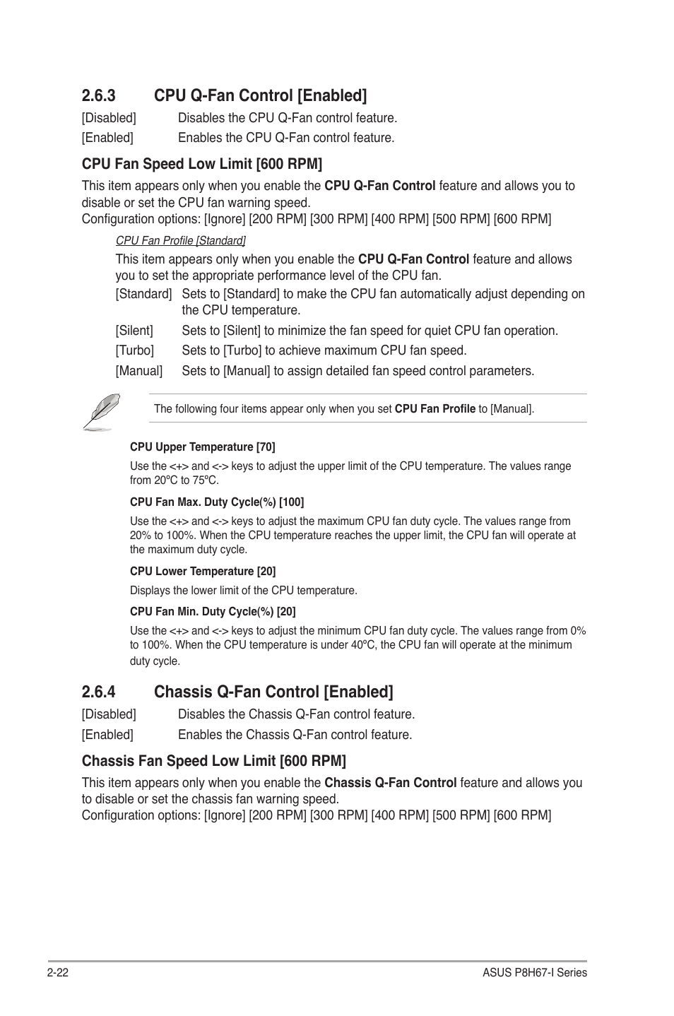 3 cpu q-fan control [enabled, 4 chassis q-fan control [enabled, Cpu q-fan control [enabled] -22 | Chassis q-fan control [enabled] -22 | Asus P8H67-I PRO User Manual | Page 52 / 59