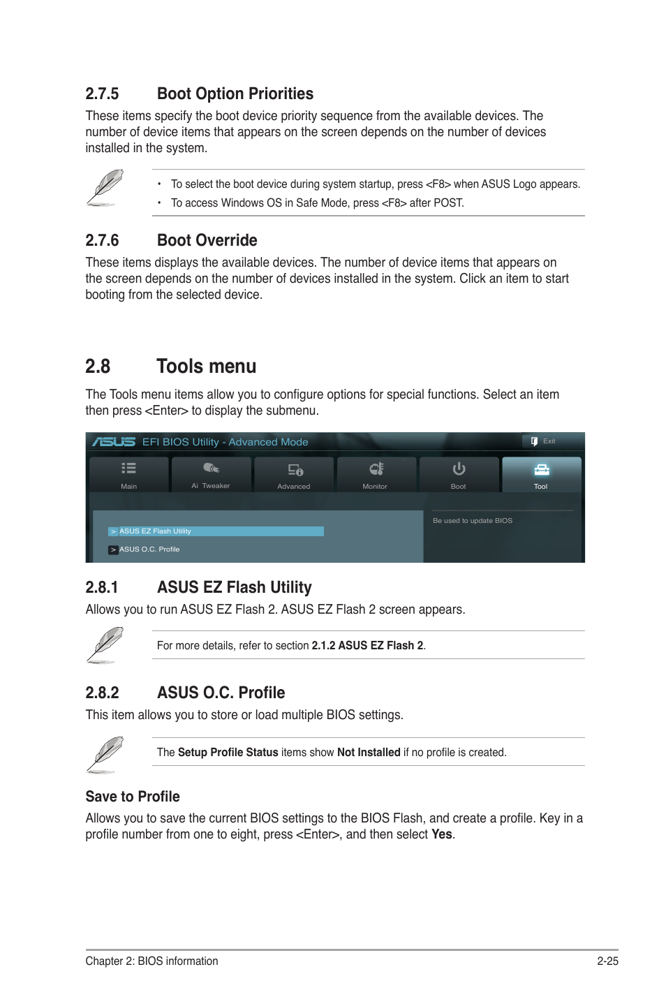 5 boot option priorities, 6 boot override, 8 tools menu | 1 asus ez flash utility, 2 asus o.c. profile, Boot option priorities -25, Boot override -25, Tools menu -25 2.8.1, Asus ez flash utility -25, Asus o.c. profile -25 | Asus P8H67-I PRO User Manual | Page 55 / 59