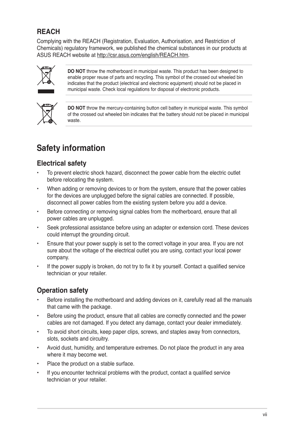 Safety information, Reach, Electrical safety | Operation safety | Asus P8H67-I PRO User Manual | Page 7 / 59