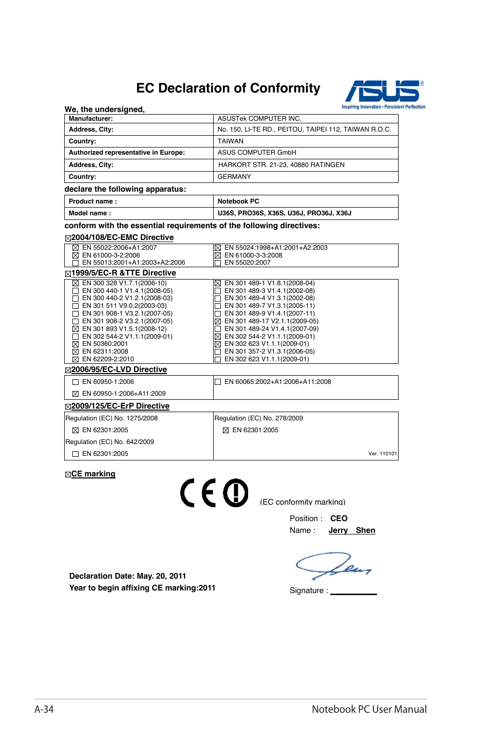 Ec declaration of conformity | Asus X4MSG User Manual | Page 100 / 100