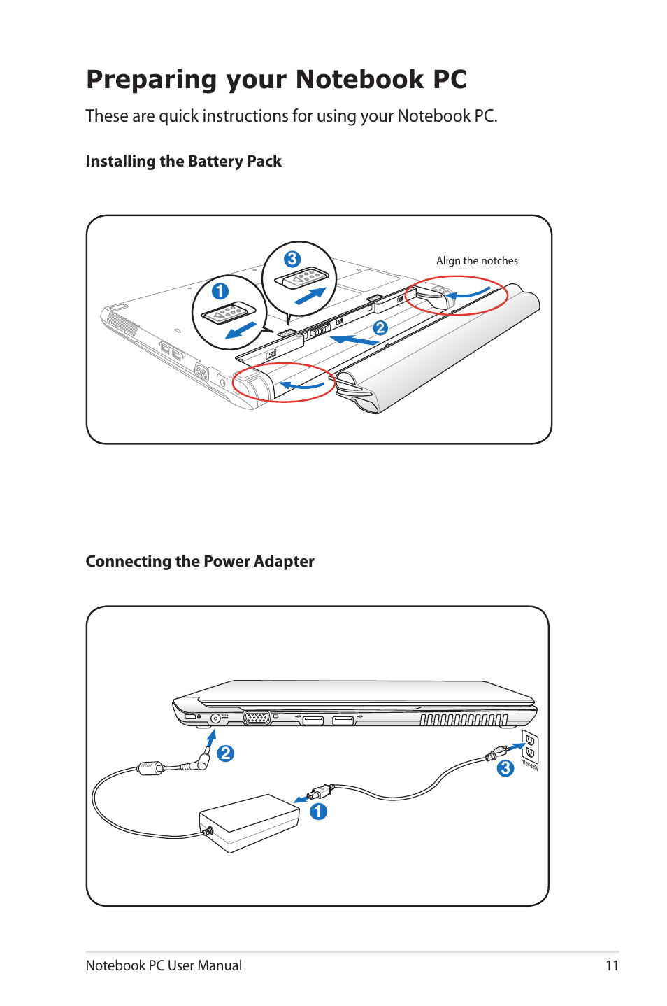 Preparing your notebook pc | Asus X4MSG User Manual | Page 11 / 100