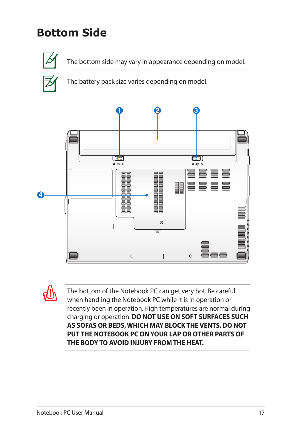 Bottom side | Asus X4MSG User Manual | Page 17 / 100