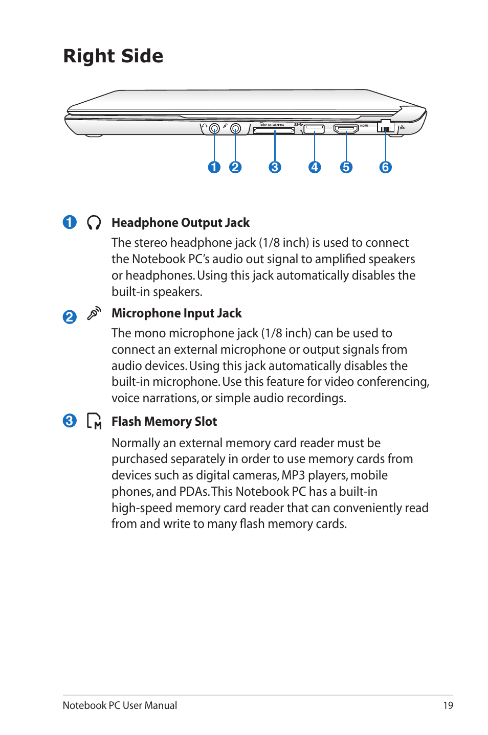 Right side | Asus X4MSG User Manual | Page 19 / 100