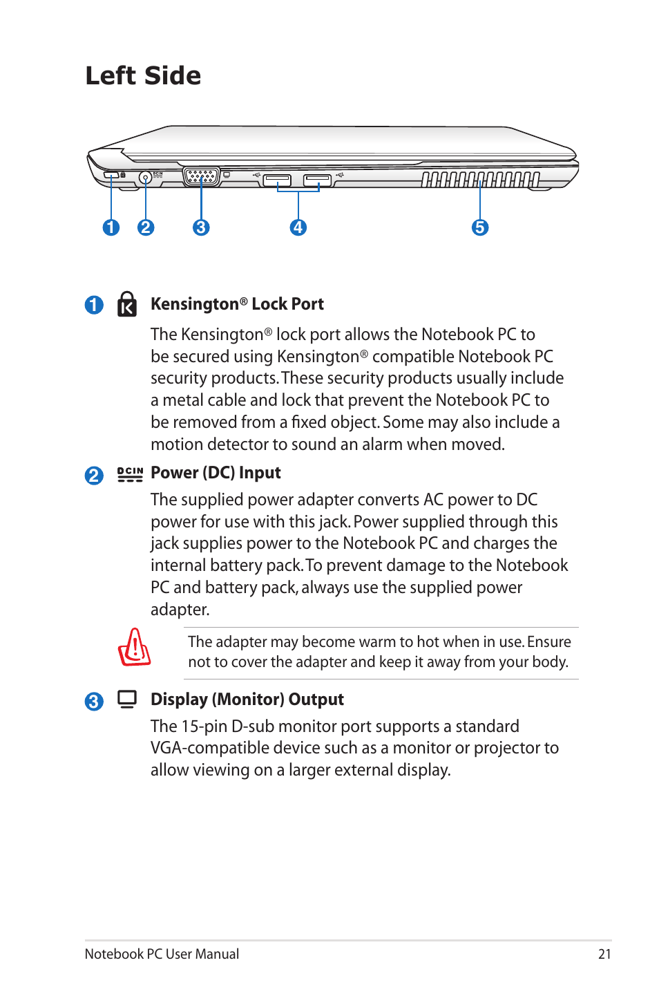 Left side | Asus X4MSG User Manual | Page 21 / 100