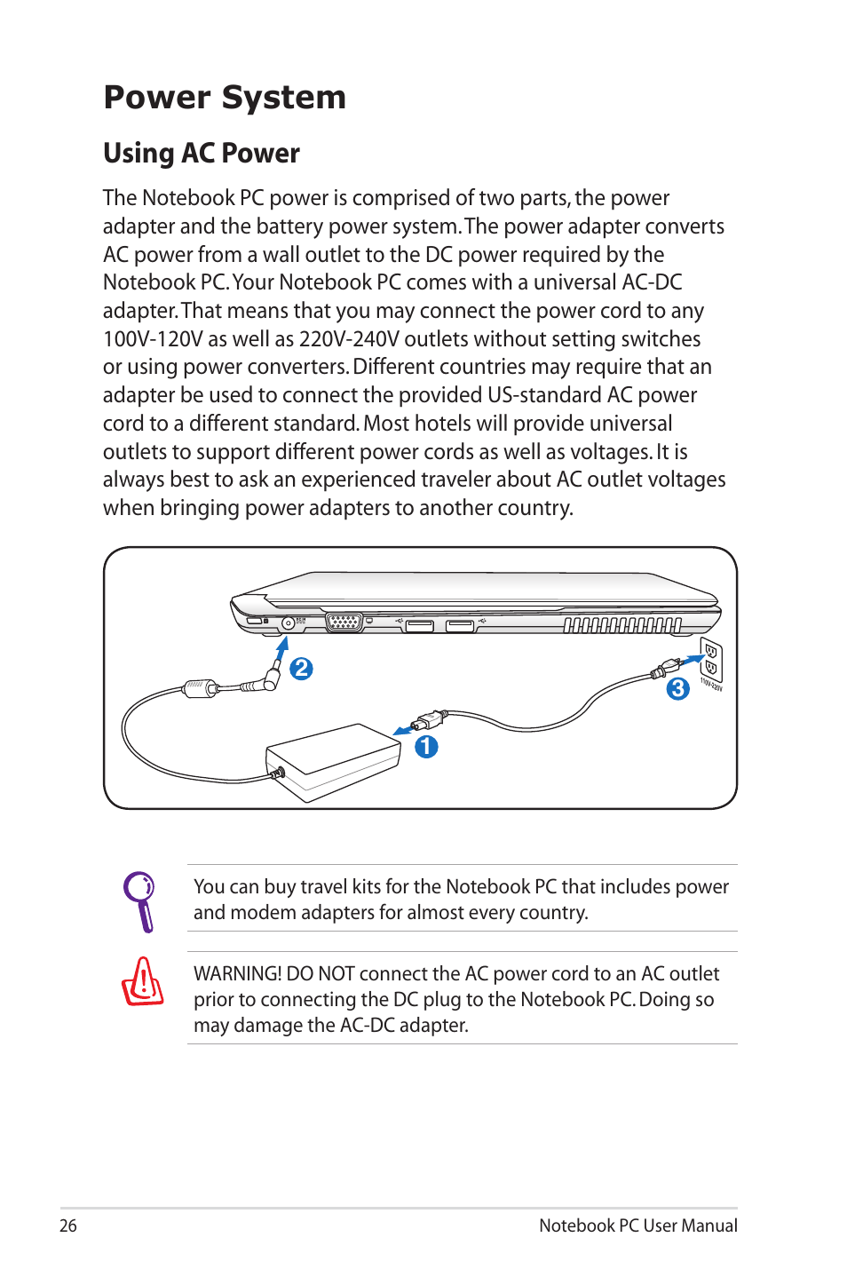 Power system, Using ac power | Asus X4MSG User Manual | Page 26 / 100