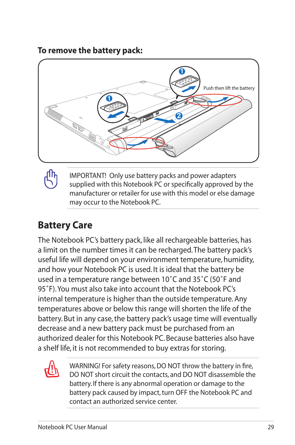 Battery care | Asus X4MSG User Manual | Page 29 / 100