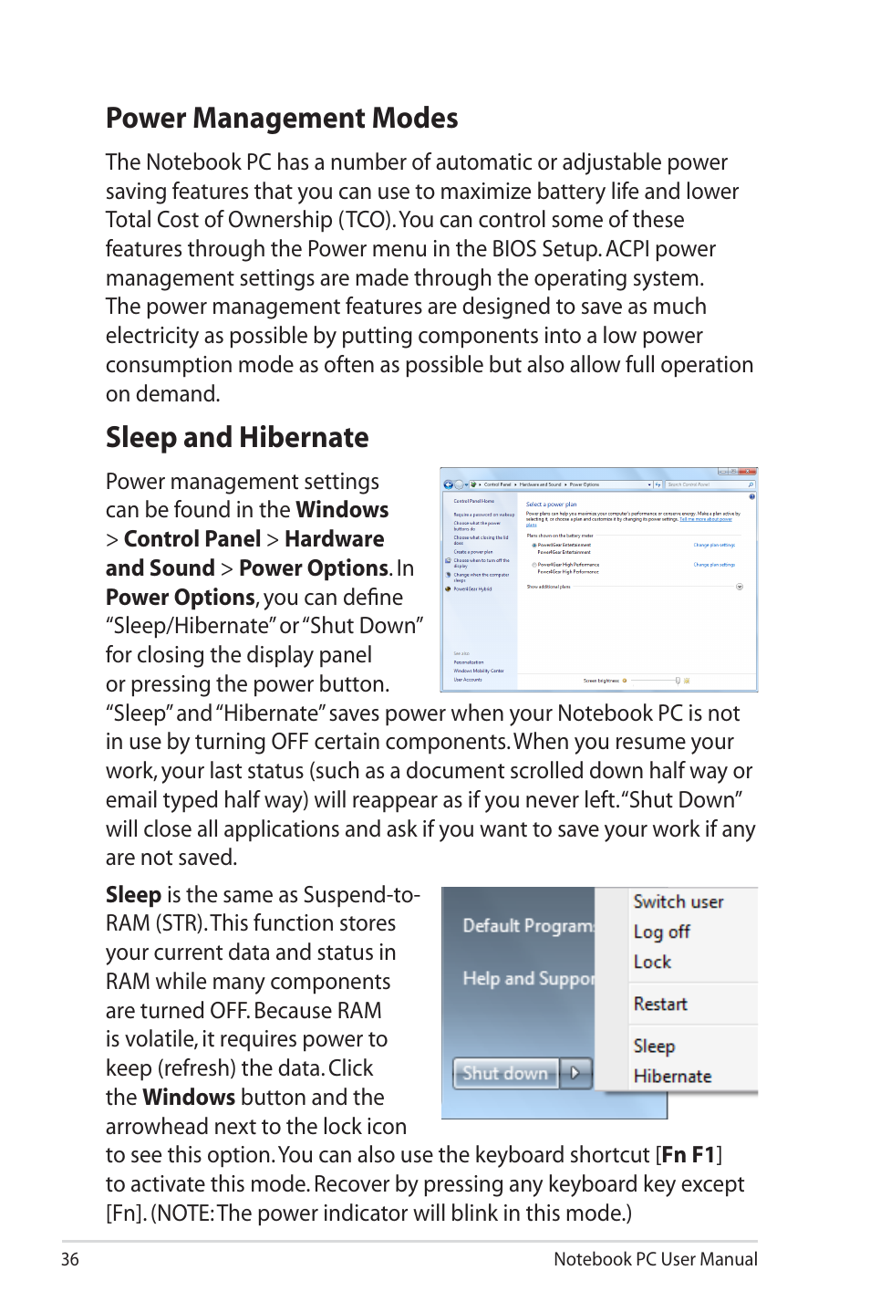 Power management modes, Sleep and hibernate, Power management modes sleep and hibernate | Asus X4MSG User Manual | Page 36 / 100