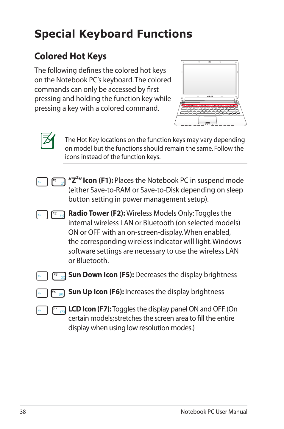 Special keyboard functions, Colored hot keys | Asus X4MSG User Manual | Page 38 / 100