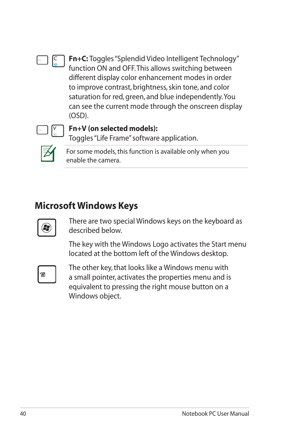 Microsoft windows keys | Asus X4MSG User Manual | Page 40 / 100